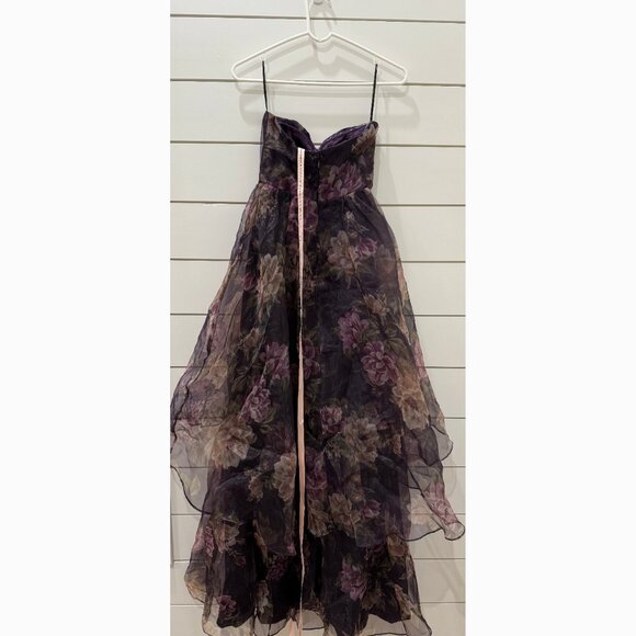 NWT Wonderful Waltz Purple Floral Print Strapless Bustier Maxi Dress - Picture 2 of 6